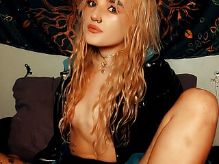 Blonde Badass In Fake Leather Jacket And Lingerie Is Fingerfucking Herself, Shaking Ass, Undressing, Tasting Herself